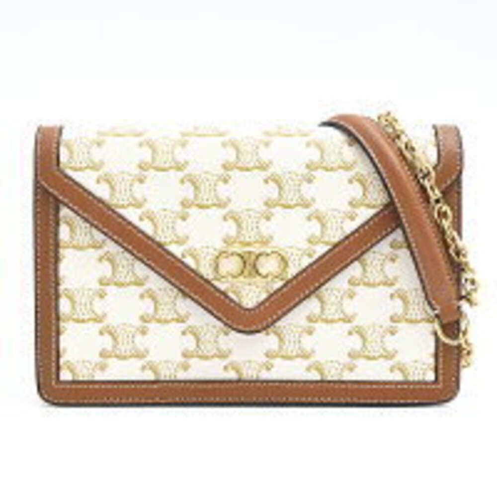 Celine Triomphe chain shoulder bag wallet pochette off white brown